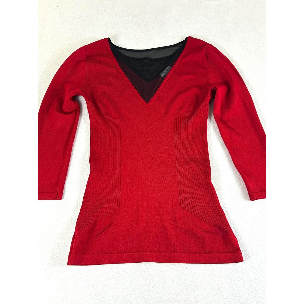 Cache‎ T-Shirt Women Small Red Y2K Mesh V-Neck Ribbed Knit 3/4 Sleeve Top
